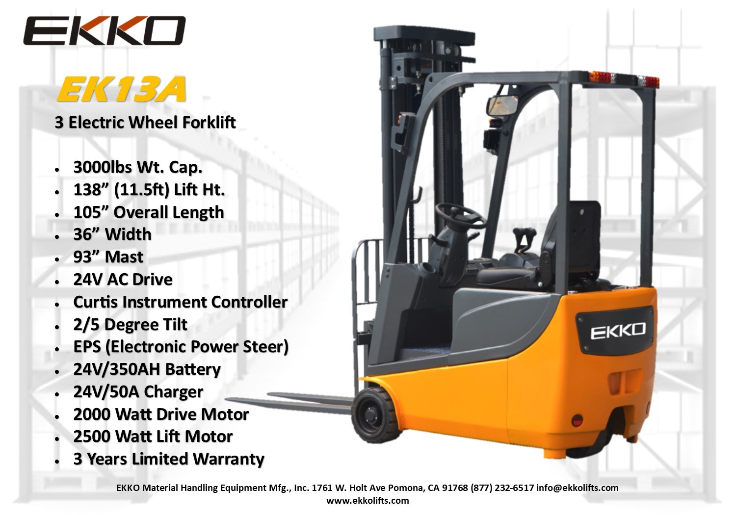Ekko Ek13a 3 Wheel Forklift Pallet Trucks Cfe Equipment